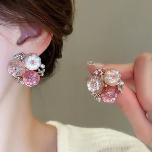 Flower Stud Earrings Alloy Resin Rhinestone Sweet Forest Style For Women With Silver Earring Post