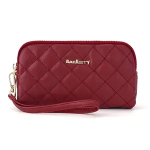 Women Long Wallet PU Leather Double Zipper Quilted Rhombic Pattern Handheld Clutch With Removable Wrist Strap Large Capacity