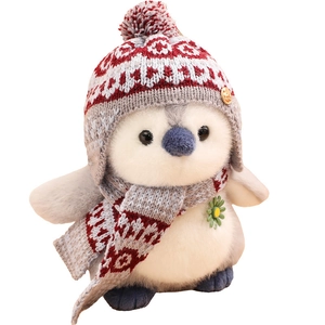 Cute penguin plush toy with knit hat and scarf, fluffy stuffed animal for kids decor