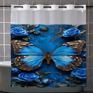 Close-up of waterproof polyester shower curtain with blue butterfly and rose print