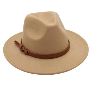 Detail of wool fedora hat in beige featuring a slim brown leather belt with metal buckle