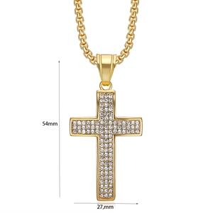 Macro view of gold-plated cross pendant with dimensions 54mm height and 27mm width