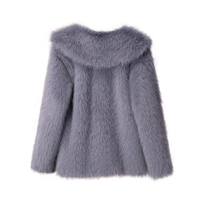 Detail view of the back of a plush gray-purple faux fur winter coat with a thick texture