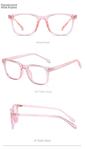 Three-angle view of transparent pink TR90 square glasses frames showing front and side profiles
