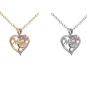 Elegant gold and silver Mom heart necklace with pink flower and sparkling zircon crystals