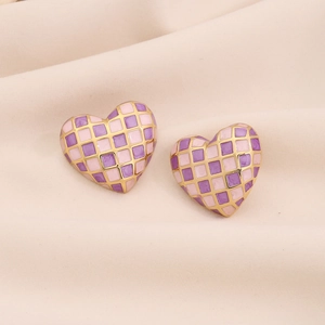 3D heart-shaped checkerboard stud earrings in purple and pink enamel with gold trim