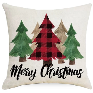 Christmas watercolor linen pillow cover with Merry Christmas text for sofa decor