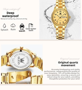 Detail of OLEVS gold steel watch showing 3ATM water resistance and calendar display