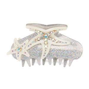 Chic starfish hair claw with white rhinestone crystals and grey glitter for women