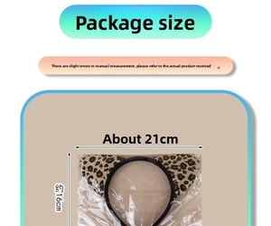Detailed packaging dimensions for leopard print cat ear headband showing 21cm x 16cm size