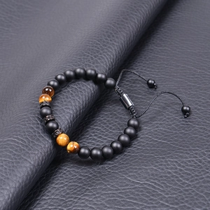 Tiger eye and matte black stone beaded bracelet with adjustable woven cord and zircon inlay