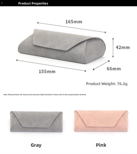 Detailed dimensions of the triangular folding glasses case in grey and pink colors