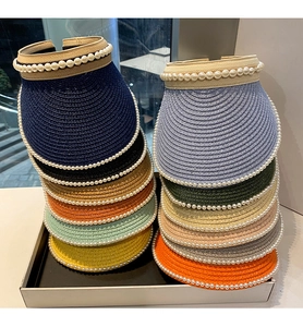 Straw sun visor hats with pearl trim in various colors for women and kids