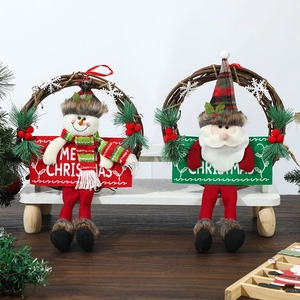 Christmas snowman and santa claus plush dolls with rattan wreath ornaments for door decor