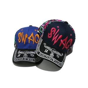 Hip hop baseball caps with SWAG embroidery and graffiti brim in blue and navy cotton