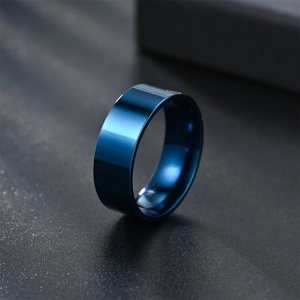 Minimalist 8mm blue stainless steel flat ring with polished finish on black background