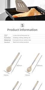 Detail of 13-piece silicone cooking set with stainless handles and size dimensions
