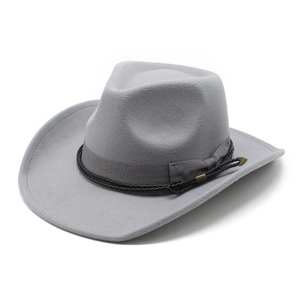 Detail of grey wool cowboy hat with braided leather cord and bronze arrow buckle accessory