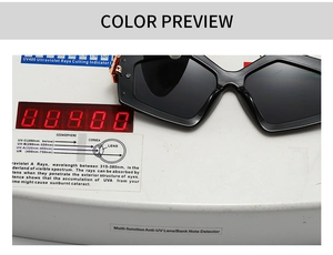 Detailed view of black square sunglasses on UV400 test device showing lens protection