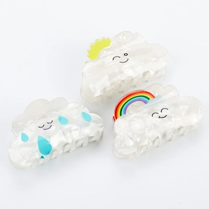 Cartoon cloud hair claws with sun rainbow and raindrop charms in pearl white acetate
