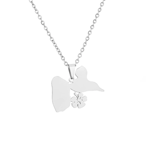 Close-up of silver stainless steel Guadeloupe map pendant with hollow hibiscus floral detail