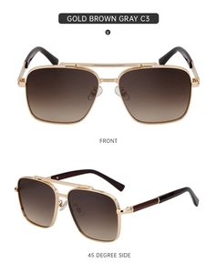 Front and side view of gold frame pilot sunglasses with C3 brown gradient lenses