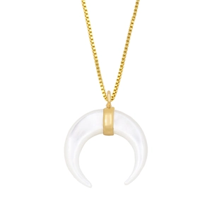 Geometric gold box chain necklace with a crescent moon shell pendant on white background