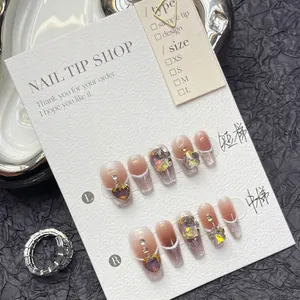 Luxury Amber Cat Eye Press On Nails Handmade Rhinestone Bowknot Glitter Coffin False Nails For Women