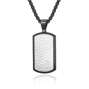 Men's two-tone hammered titanium steel necklace with black border and small diamond inlay