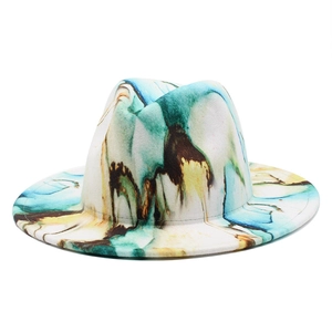 Wide brim wool jazz hat with blue and yellow artistic marble print pattern