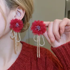 Elegant red chiffon flower earrings with long rhinestone tassels for a luxury vintage look