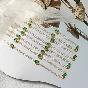 Emerald Zircon Necklace Vintage Luxury Rectangular Green Gemstone Titanium Steel Plated 18K Gold Fashion Jewelry Women