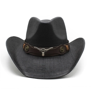 Chapeau de cowboy occidental tressé noir avec ornement tête de taureau et bande en cuir