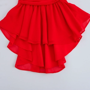 Red sleeveless chiffon mini dress with layered ruffles and irregular hemline
