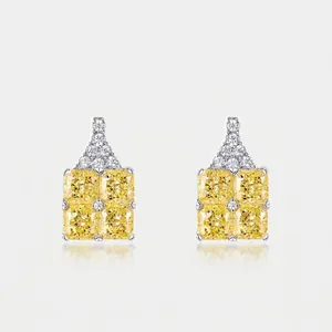 Square Yellow High Carbon Diamond Stud Earrings With 925 Sterling Silver Earring Post Luxury Elegant Geometric Jewelry
