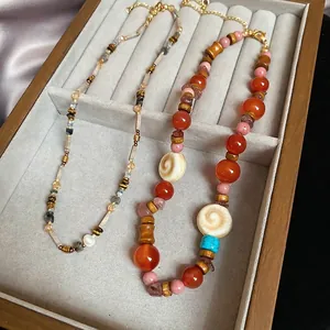 Bohemian Bead Necklace Natural Agate Wood Ceramic Shell Stainless Steel Vintage Handmade Women Jewelry
