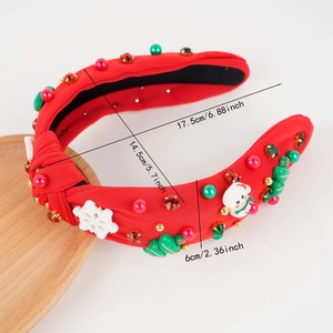Detailed dimensions of a red Christmas knotted headband with festive beads and rhinestones