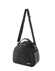 Detail of black semi-circular insulated lunch bag with shoulder strap and mesh pocket
