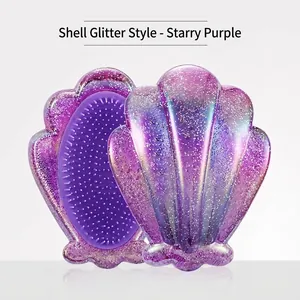 Starry purple shell-shaped hairbrush with glitter finish and massage bristles