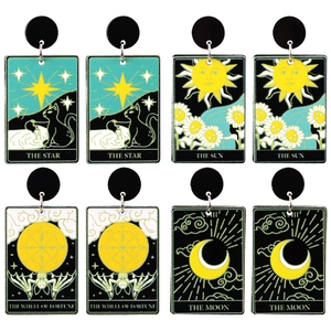 Gothic tarot earrings featuring acrylic prints of The Star, Sun, Wheel of Fortune and Moon
