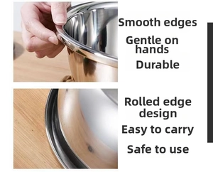 Close-up of the smooth rounded edges and thick rolled rim on stainless steel prep basin