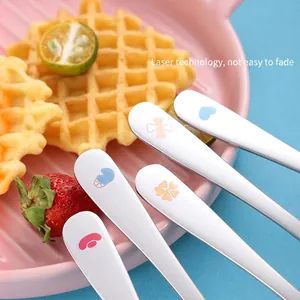 Polished 304 stainless steel baby spoon with colorful laser engraved cartoon patterns