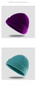 Detailed knit texture of purple and teal beanie hats for winter warmth