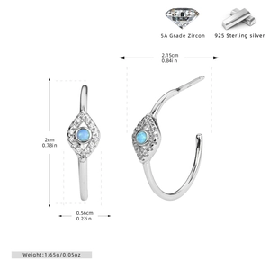 Detail view of silver evil eye earring showing precise dimensions and light blue opal stone