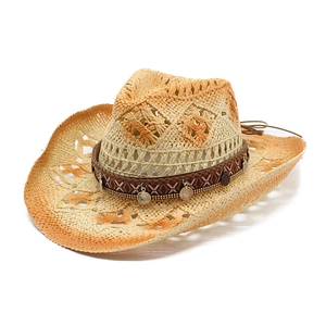 Hollow out straw cowboy hat with gradient sunset tones and vintage coin band detail