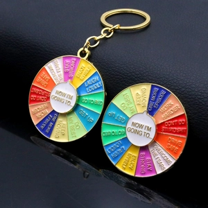Close-up of rainbow rotating metal keychain with motivational English quotes on enamel