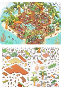 Detailed DIY summer island cottage stickers featuring palm trees and resort miniature scenery