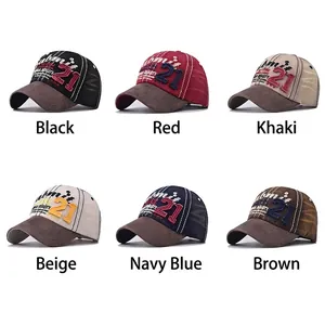Vintage washed baseball caps with embroidered number 21 available in six classic colors