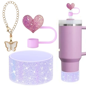Pink heart straw cover, gold butterfly charm, and purple glitter boot for water bottles