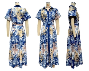 Detailed views of a vintage baroque floral dress with stand collar and belted waistline